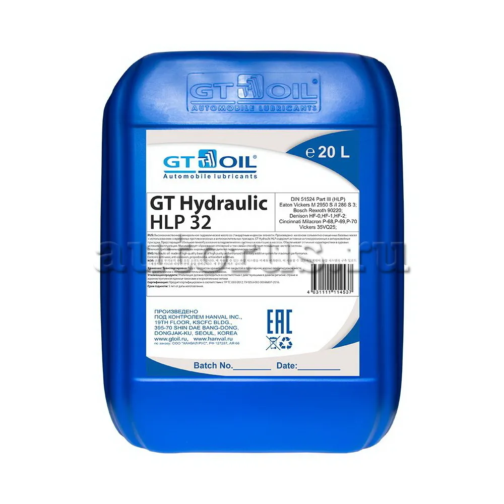 GT OIL 4631111114537 Масло гидравлическое GT HYDRAULIC HLP 32 полусинтетическое 20 л