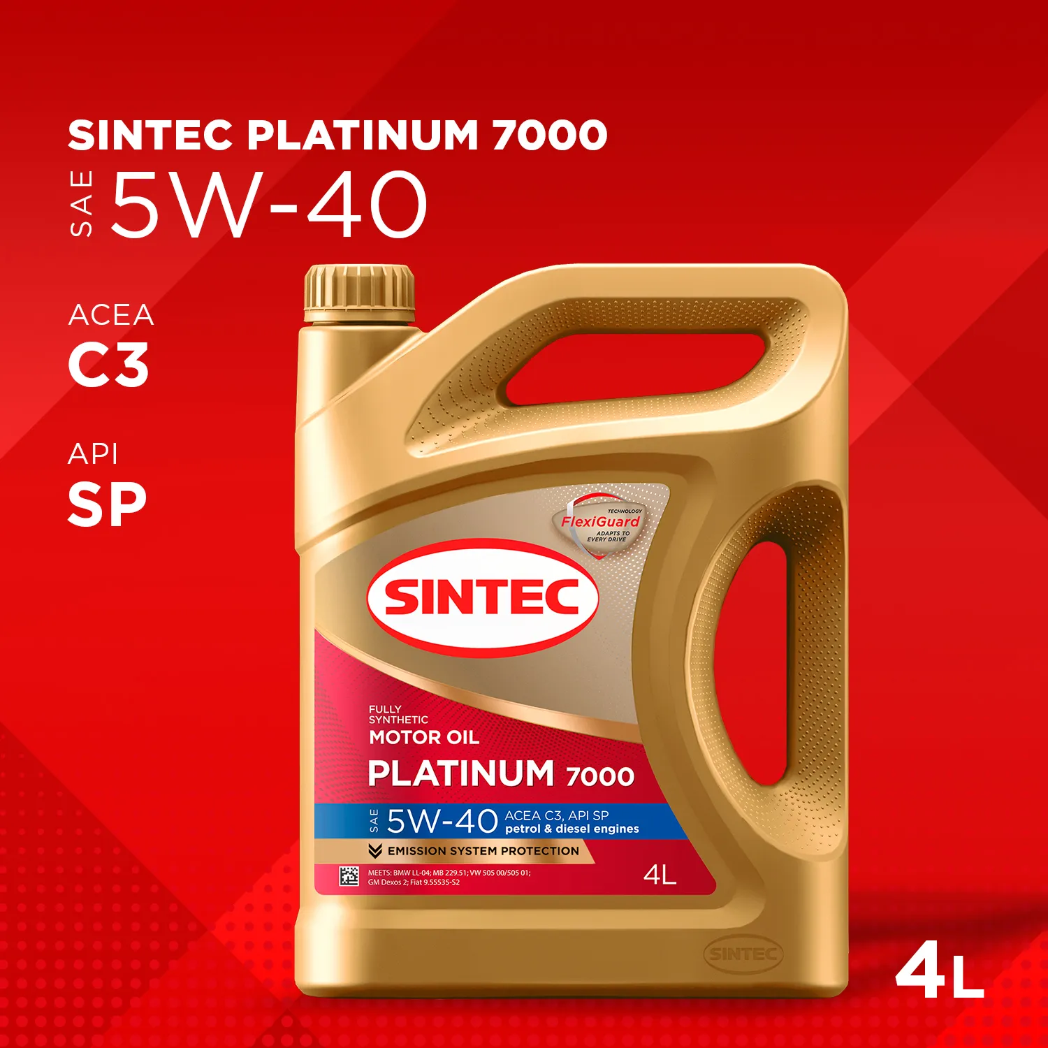 SINTEC 963360 Масло моторное синтетика SINTEC Platinum 7000 SAE 5W-40 ACEA C3 API SP 4 л.