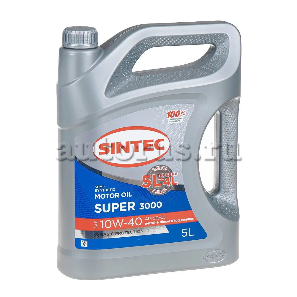 SINTEC 600301 Масло моторное полусинтетическое Super 3000 SAE 10W-40 API SG/CD 5л Акция 5л по цене 4л